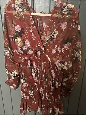 Floral Rust Pleated Chiffon Dress